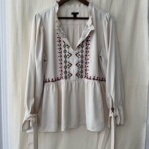 Ann Taylor Peasant Top with Embroidery Front and Tie Sleeves